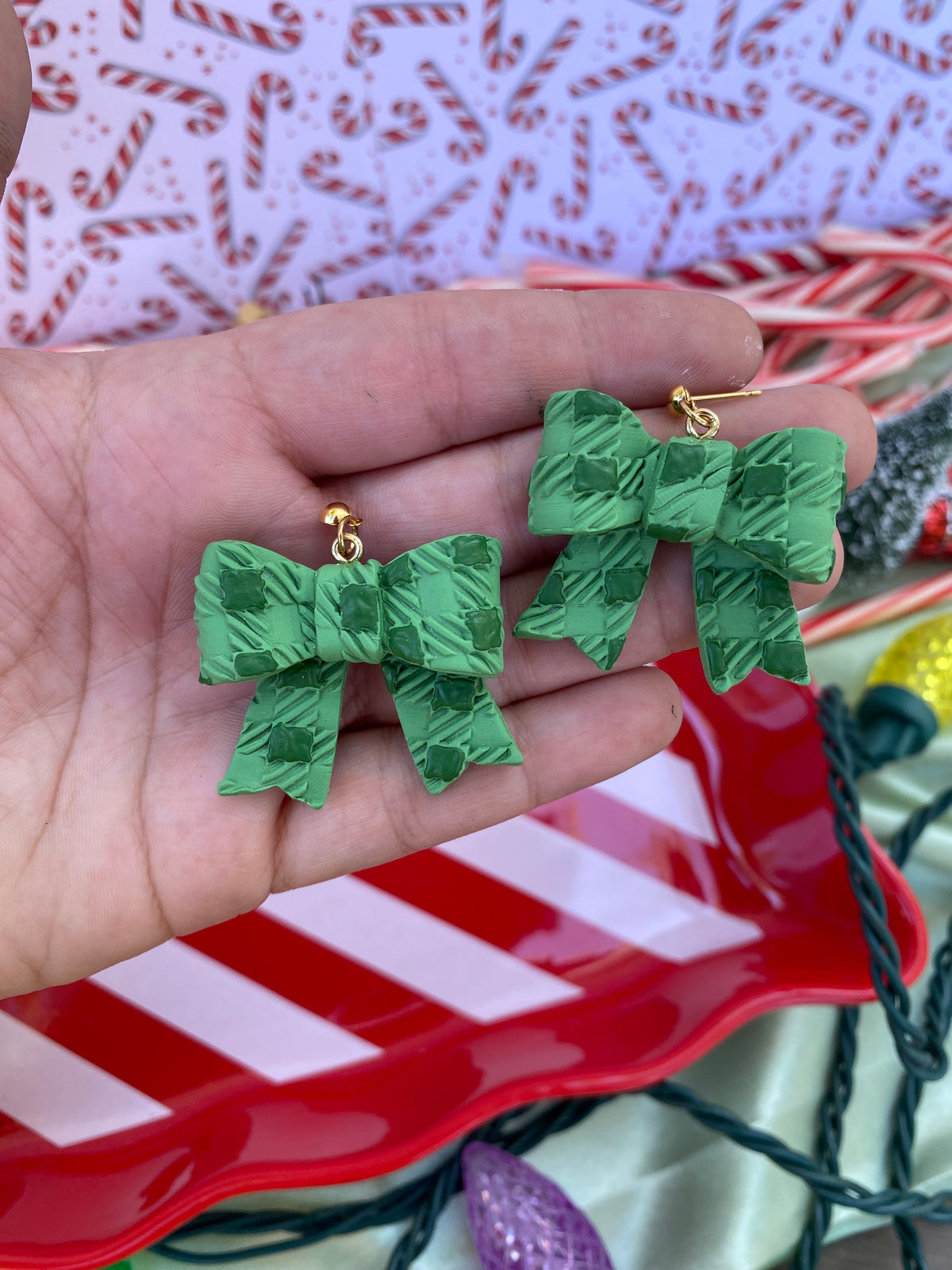 Green Plaid Ribbon Studs